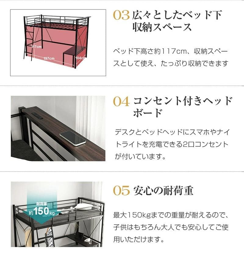 再入荷！ロフトベッド　シングルサイズ　コンセント・ローテーブル付き　WHITE