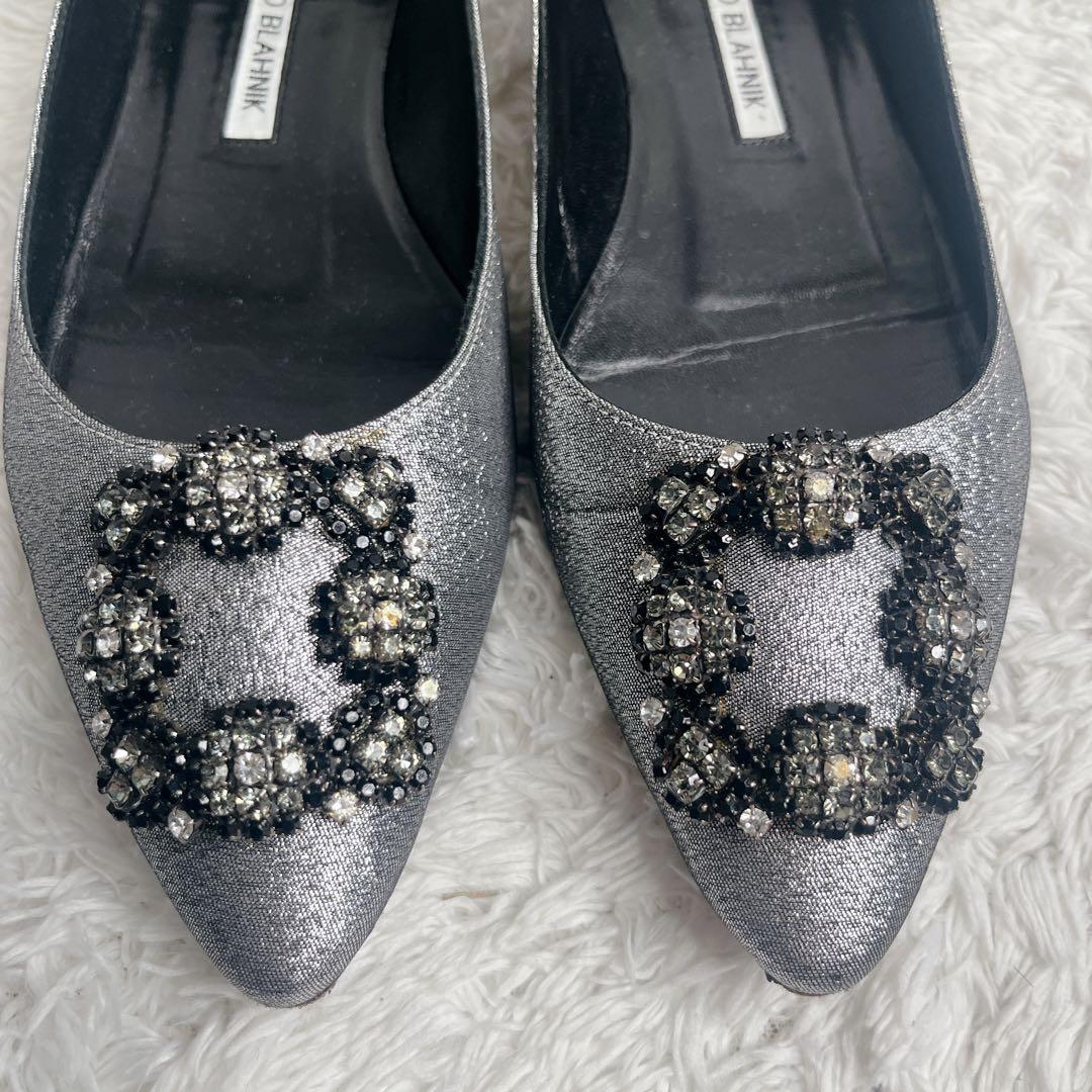 良品 マノロブラニク ハンギシ シルバー フラット パンプス ラメ 保存袋 37