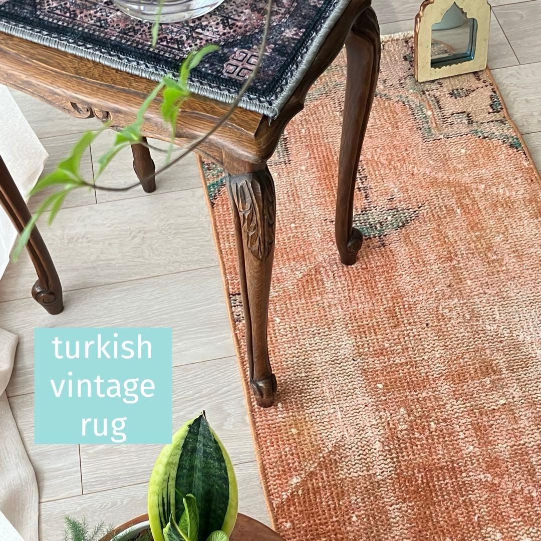 オレンジ✳︎95×46 グリーン　アート　シャンデリア　トルコヴィンテージラグ