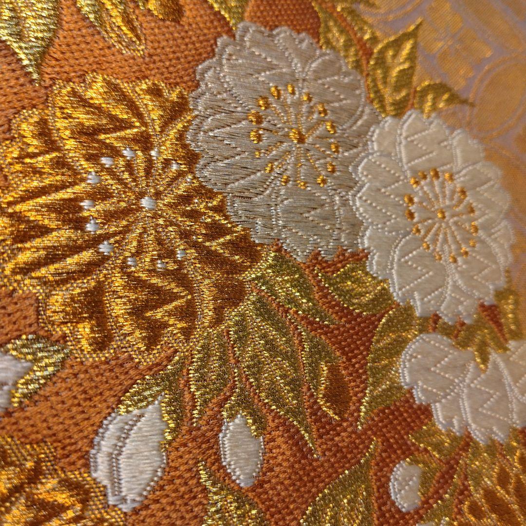 t*o様 手織り　河合美術織物袋帯　六通　菊　蒔絵七宝　手織証紙西陣ラベル