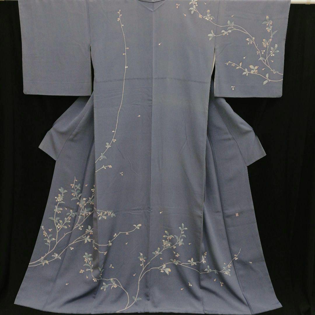 訪問着(袷)　(本加賀友禅　早春枝花(つぼみ)紋様　石田昭二 落款　紫鼠色系)