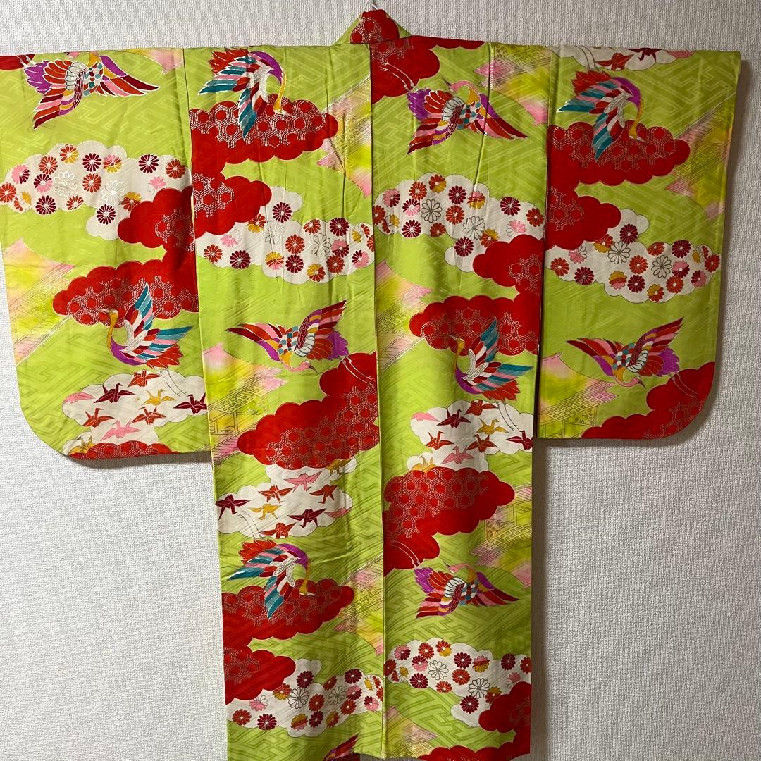 七五三　7歳　黄緑　アンティーク　着物セット