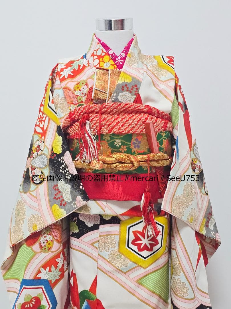 七五三　5歳～　アンティーク 正絹　着物　セット　女の子 c90