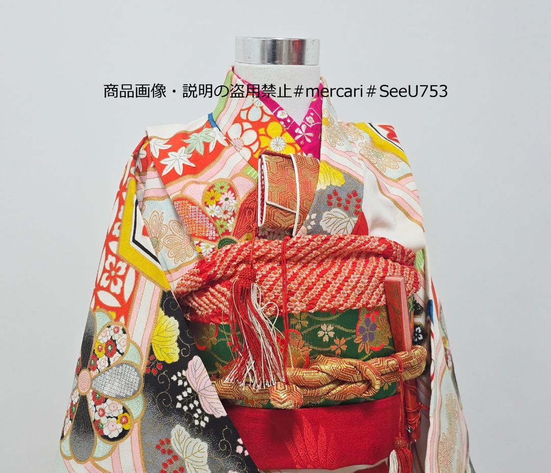 七五三　5歳～　アンティーク 正絹　着物　セット　女の子 c90
