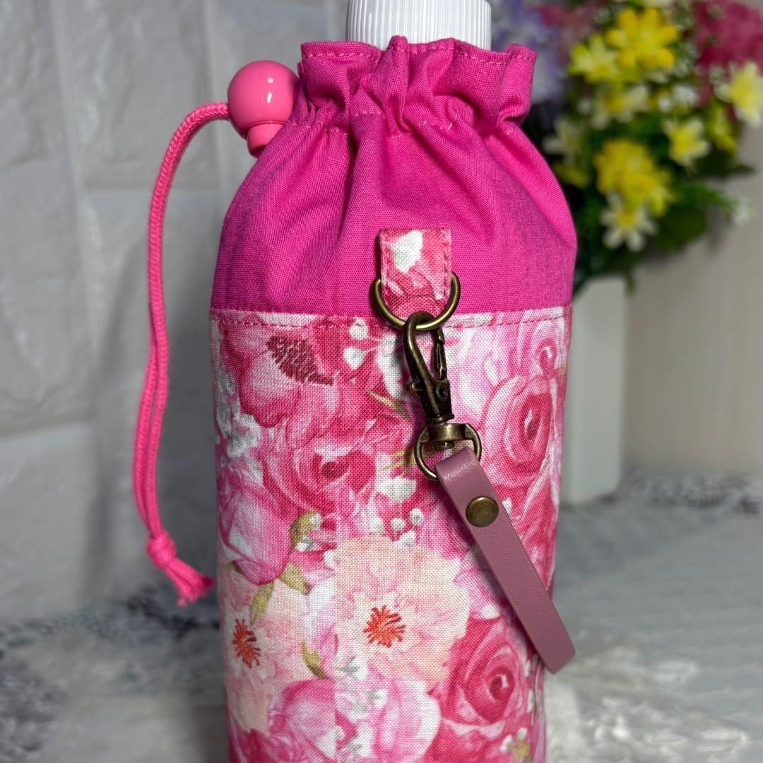 ペットボトルカバー　輸入生地　薔薇柄/ピンク　本革持ち手　ハンドメイド