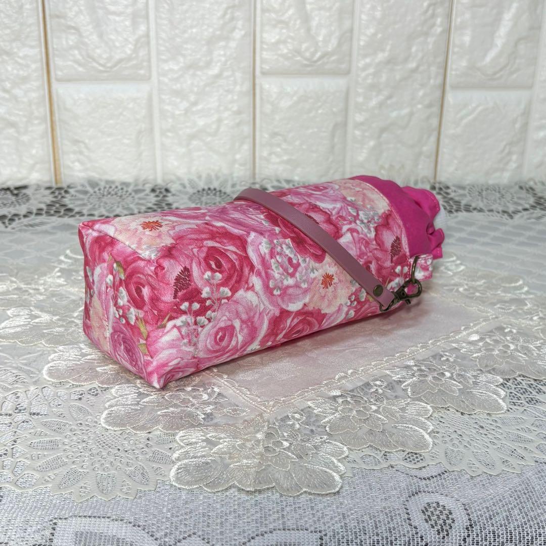 ペットボトルカバー　輸入生地　薔薇柄/ピンク　本革持ち手　ハンドメイド