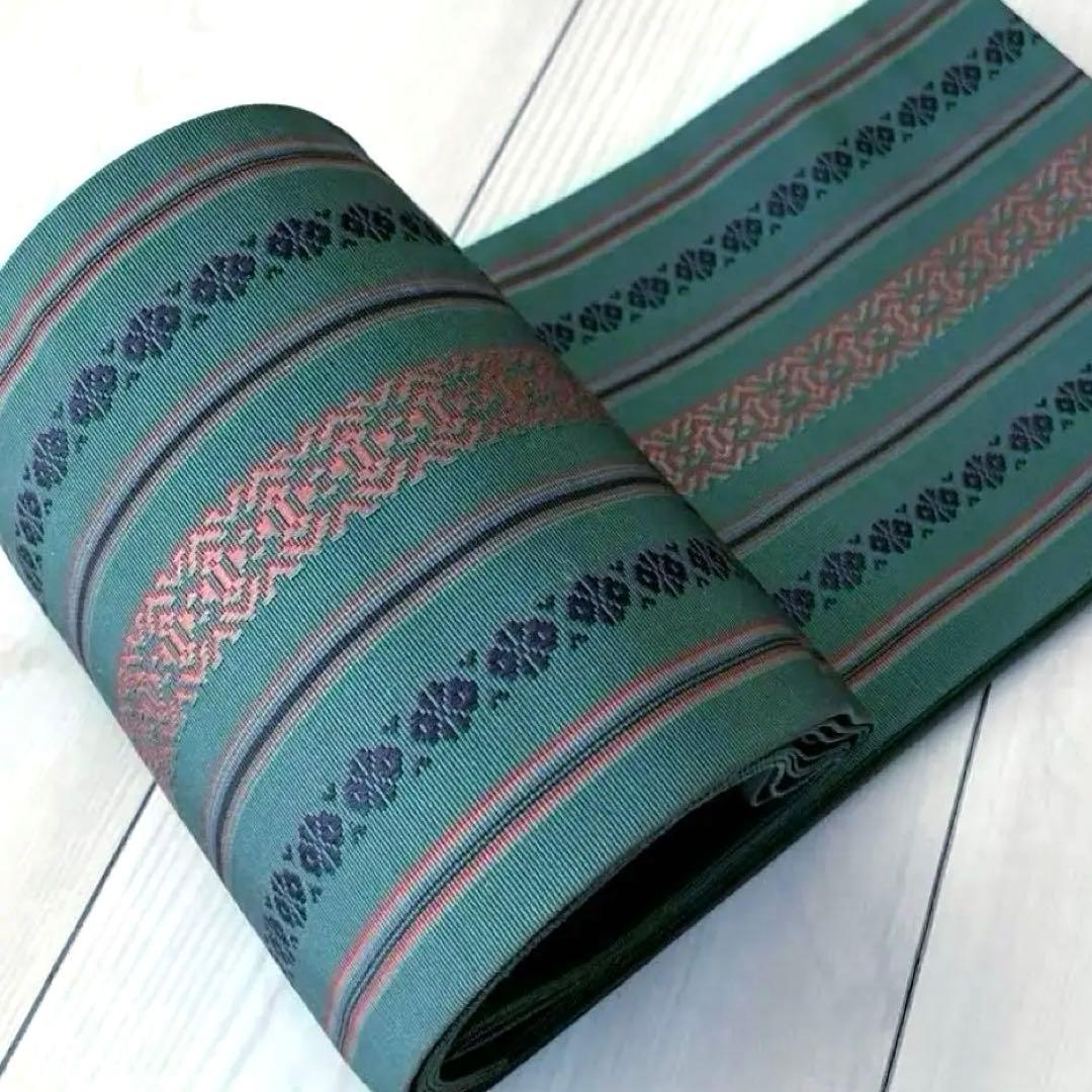 Rin 本場筑前博多織　半幅帯　深緑　正絹　織り出し　No.5-22