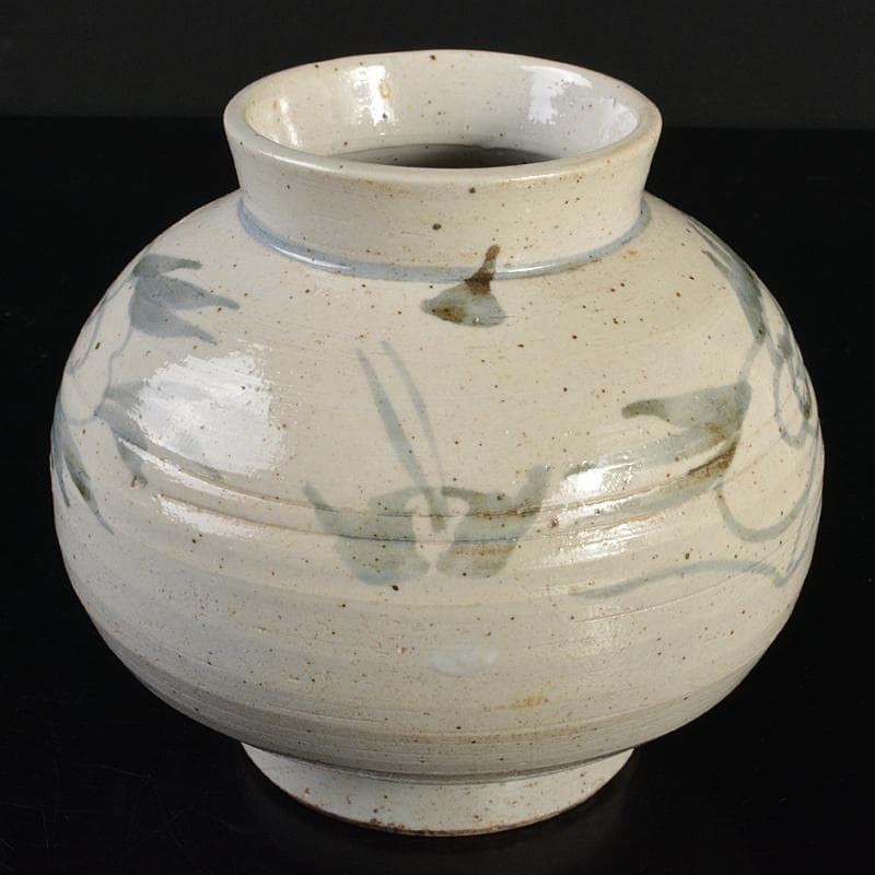 朝鮮美術　李朝　高麗白磁　染付　花文　丸壷　D　R6758