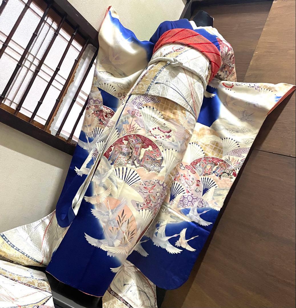 振袖フルセット6点サイズS〜M 駒刺繍　御所車飛鶴花文　暈し染め　金彩　正絹