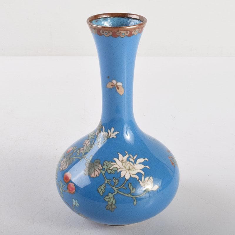 中国　古七宝琺瑯彩　花鳥文瓶　時代箱付　U　R4899