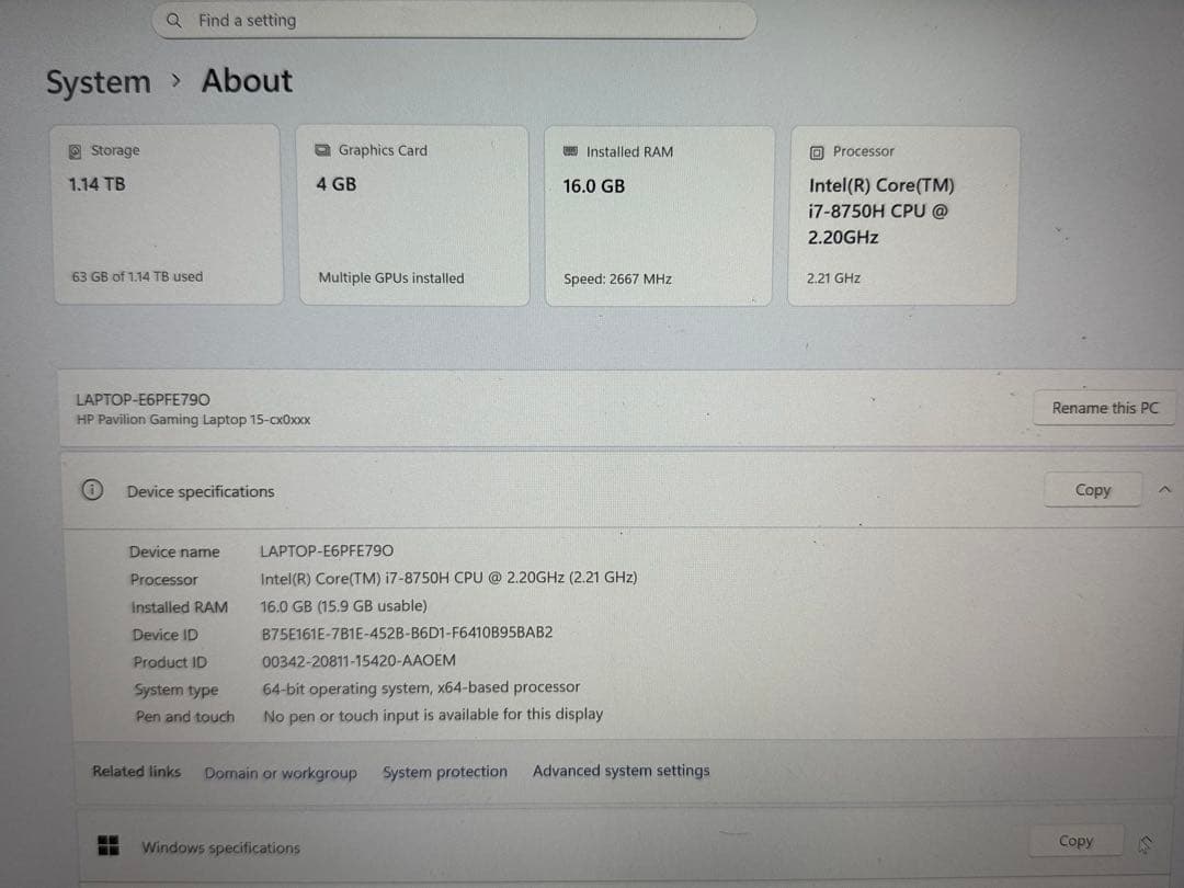 Windowsノート本体 HP Pavilion Gaming Laptop 15 Ci7-8750H