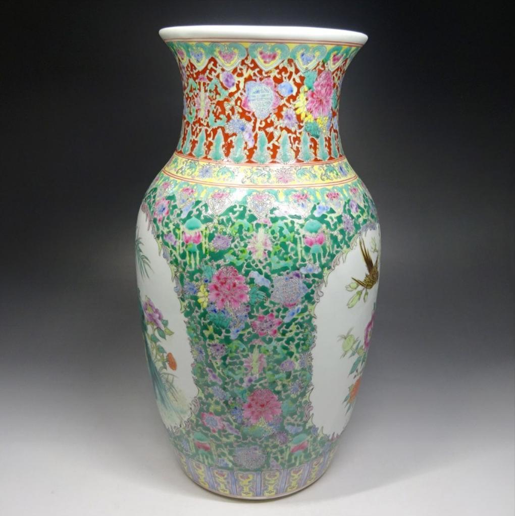 中国古玩 大清乾隆年製 粉彩 花鳥図 花瓶 高約35cm 時代物 c06101