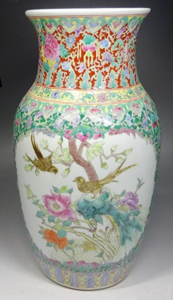 中国古玩 大清乾隆年製 粉彩 花鳥図 花瓶 高約35cm 時代物 c06101
