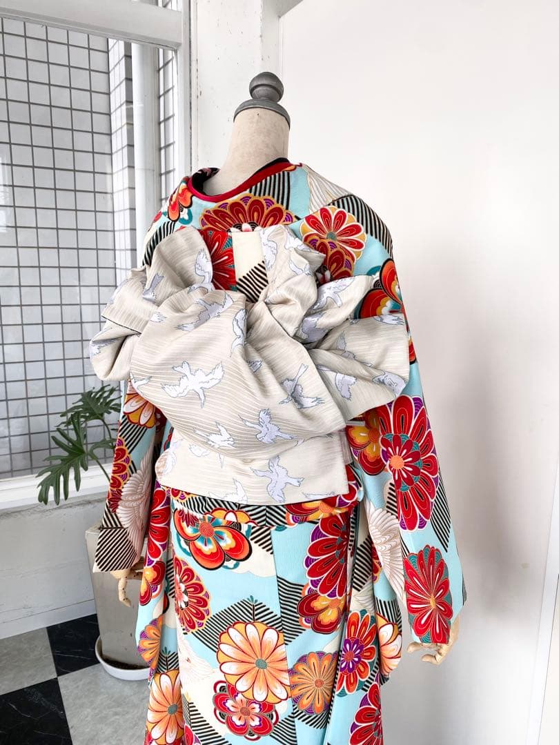 全て揃う振袖セット、青、白、成人式振袖フルセット【髪飾り付】