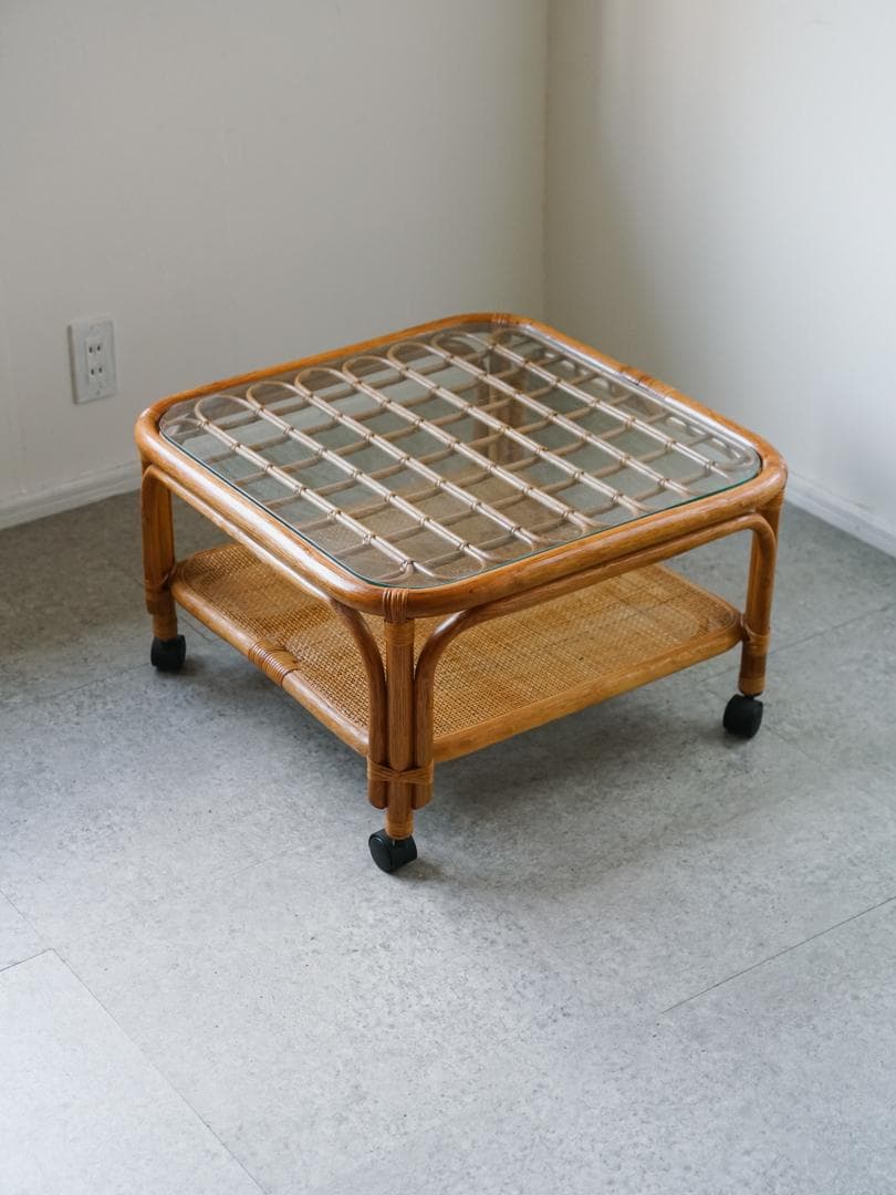 ジャパニーズモダン ガラステーブル 藤家具 /ラタン ヴィンテージ 昭和レトロ