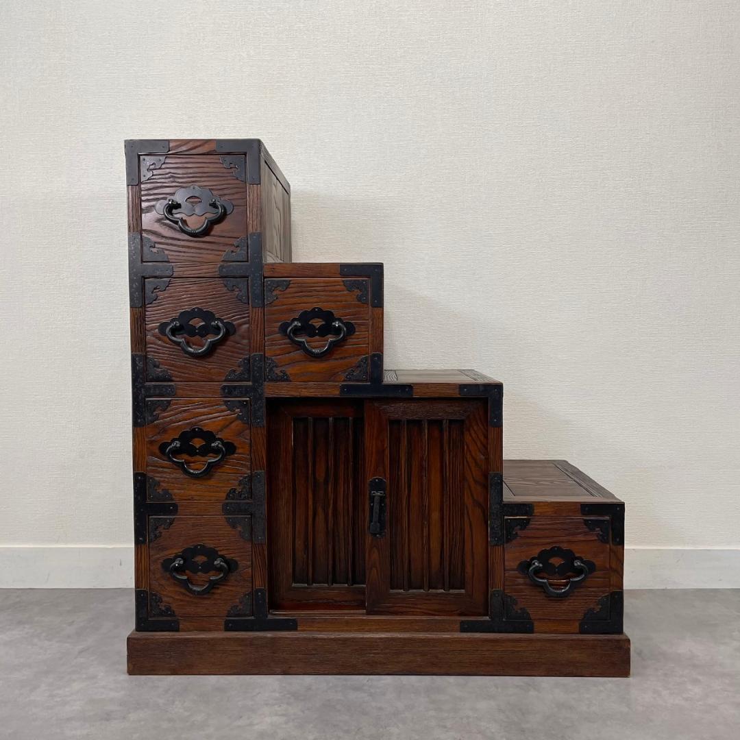 両面 階段箪笥 4段 飾り棚 民芸家具 小物入れ レトロ ヴィンテージ 和家具