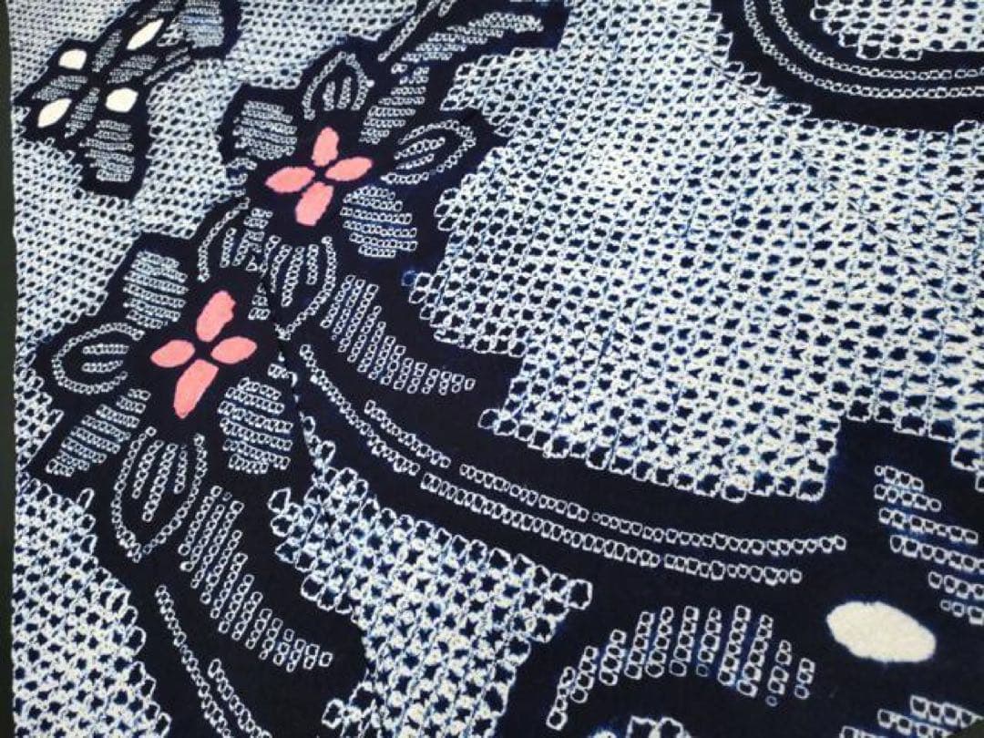 有松絞り　浴衣　身丈158 三浦絞り　紺地　花文様　綿　有松鳴海絞り