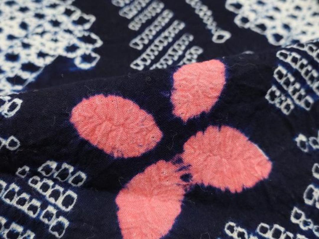 有松絞り　浴衣　身丈158 三浦絞り　紺地　花文様　綿　有松鳴海絞り