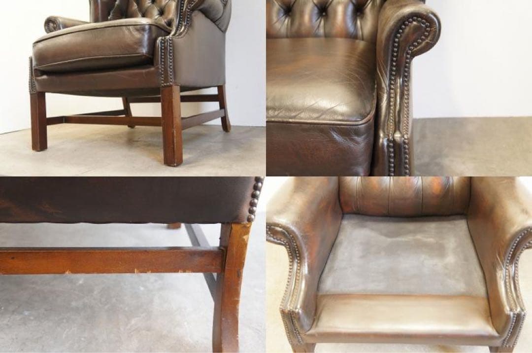 アンティークソファ　本革 ハイバックチェア チェスターフィールド ウィング