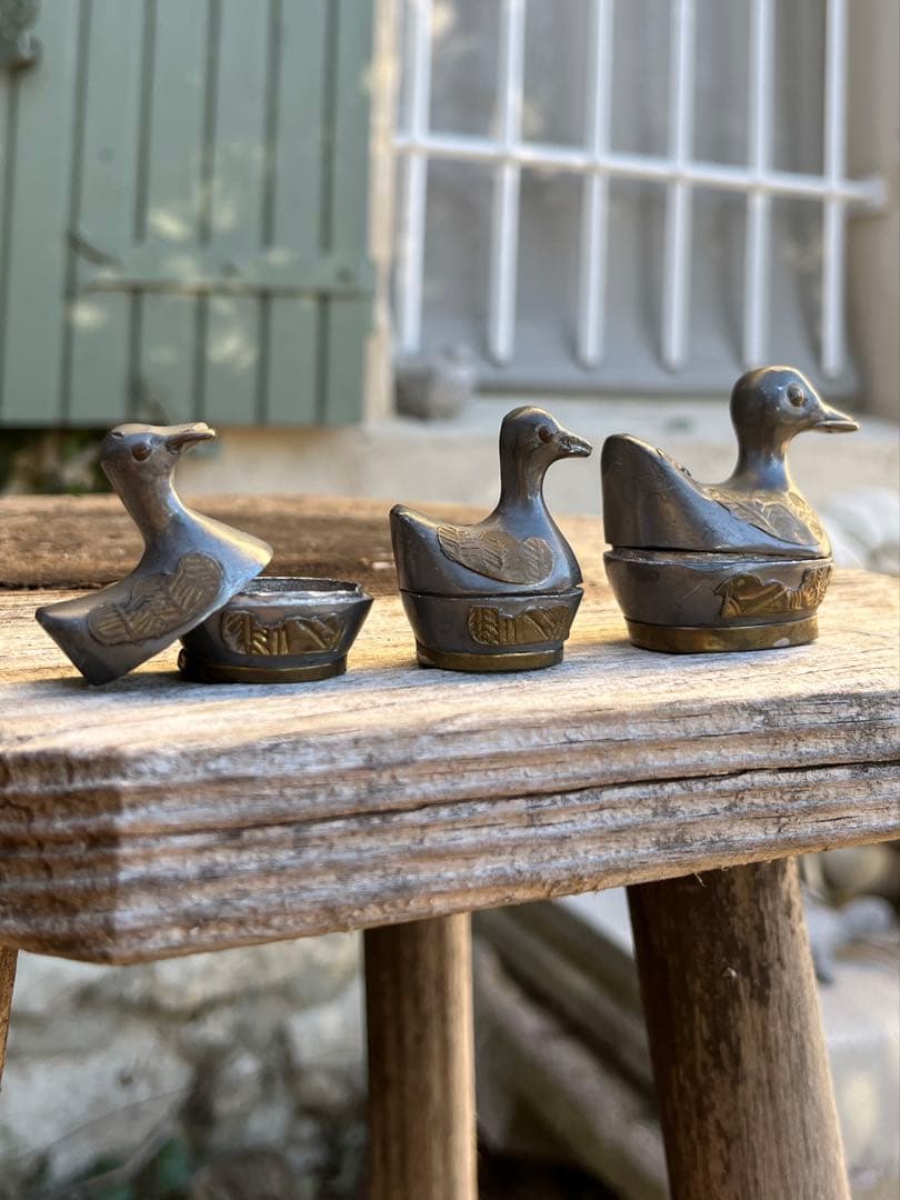 ◆フランスアンティーク｜ピューター製アヒル小物入れセット手作り小鳥錫ミニオブジェ