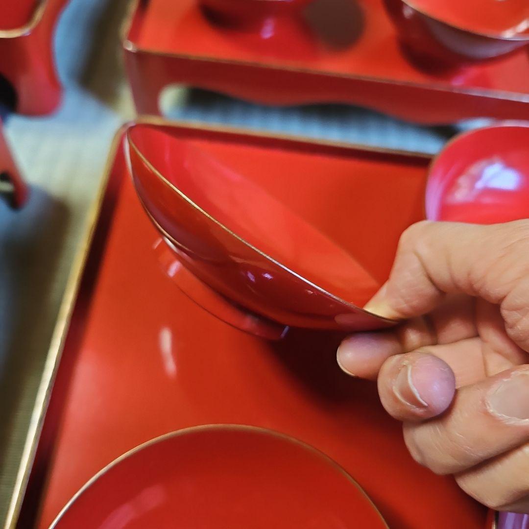 昭和レトロ/1950年代前半物】赤漆塗り お膳セット 金縁 会席膳 茶懐石6客