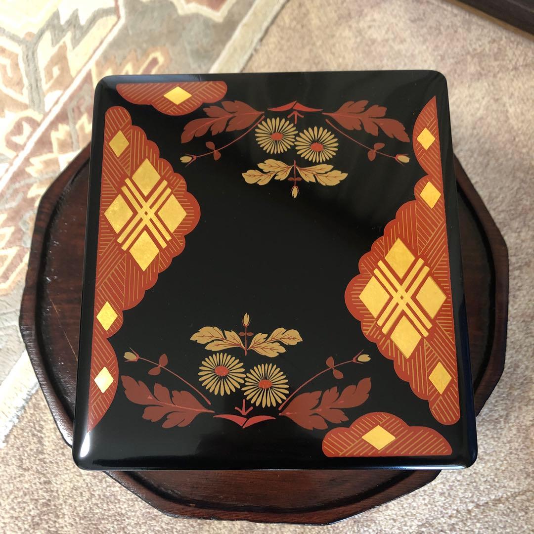 秀衡塗　重箱　三段重　菊紋　漆器　天然木　7寸×6.5寸　専用箱　未使用品　美品