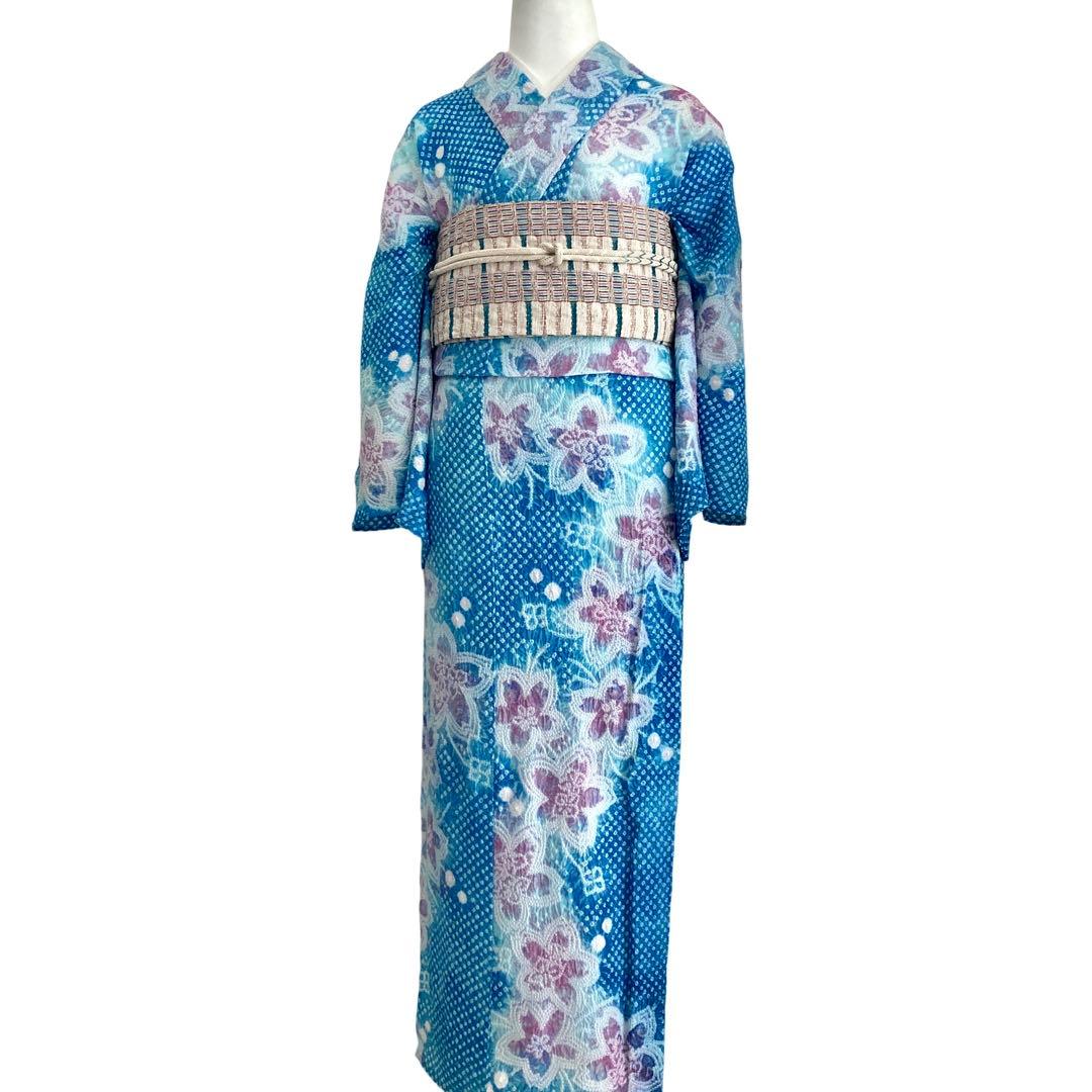 爽やかブルー　身丈153 有松絞り　絞り染め　絞り浴衣　総絞り　浴衣　NO6