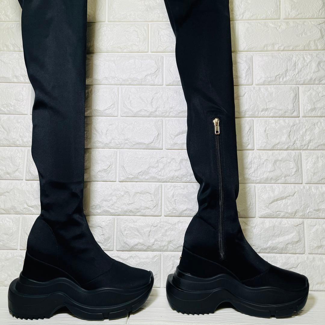 【極美品】YELLO 厚底ストレッチニーハイ ブーツS黒サイドジップ Y2K