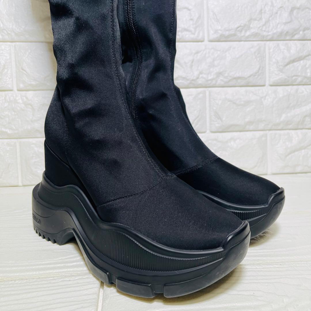 【極美品】YELLO 厚底ストレッチニーハイ ブーツS黒サイドジップ Y2K