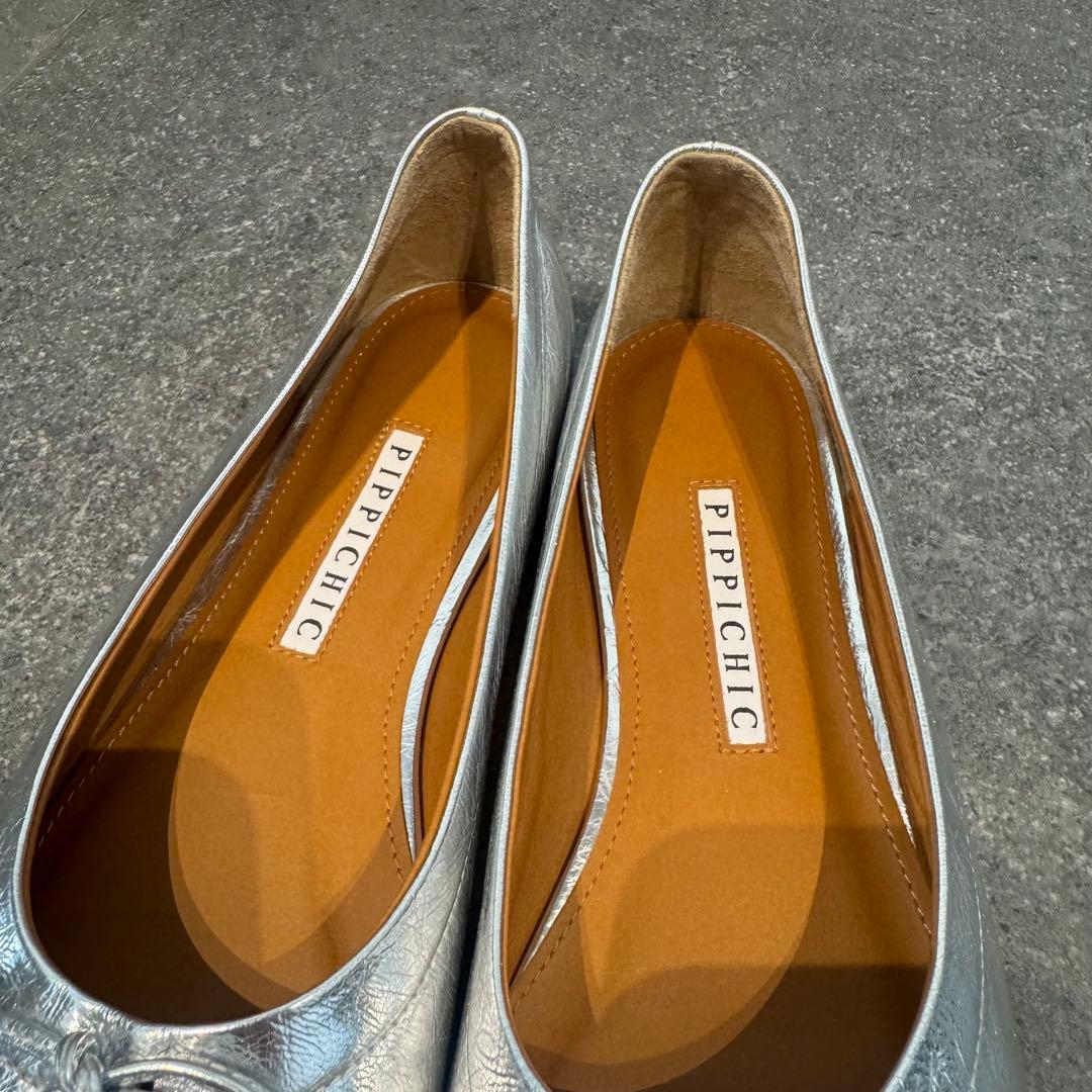 美品ピッピシック希少スクエアトゥバレエシューズ　フラット　シルバーリボン24.5