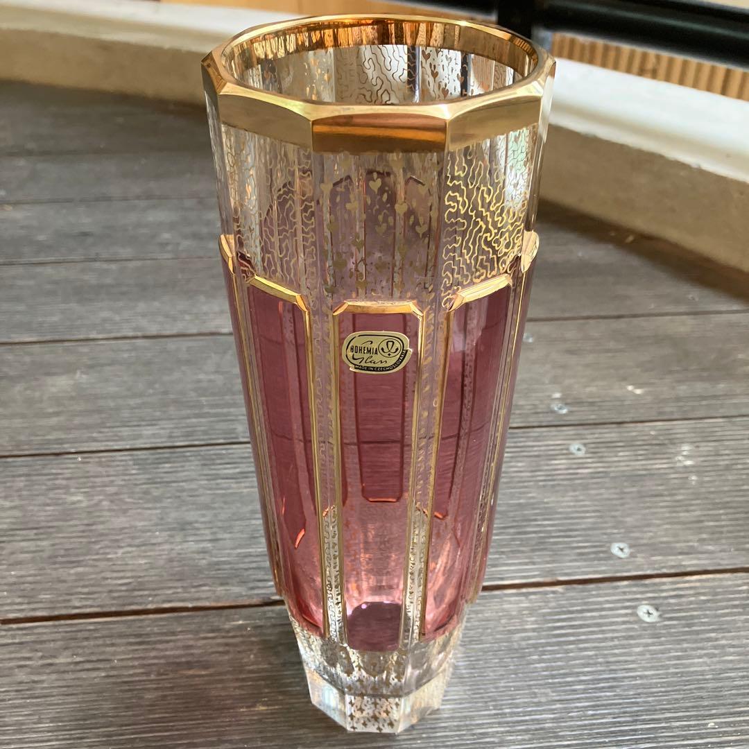 Bohemia ボヘミアガラス パネル花瓶　金彩 レリーフ フラワーベース